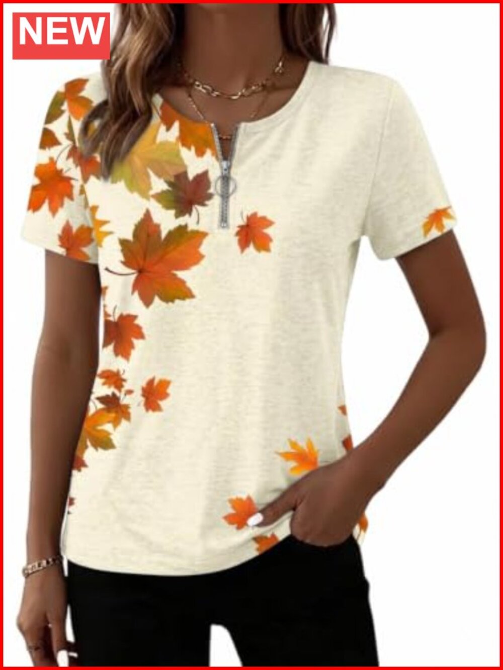 Quarter Zip Short Sleeve Casual Top Notch Neck Curved Hem Fall Tee